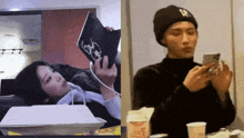 a woman is reading a book next to a man who is looking at his phone