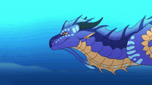 a cartoon drawing of a blue and yellow dragon swimming in the water