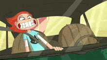 a cartoon of a girl driving a car with a big smile on her face