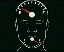 a drawing of a man 's face with a gauge reading e and f on it
