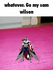 a picture of captain america holding a shield on a pink rug with the caption whatever go my sam wilson