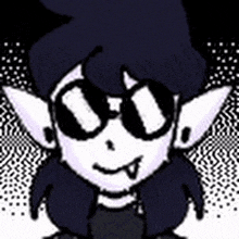 a cartoon character wearing sunglasses and a black hat is sitting down .