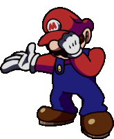 a cartoon of mario wearing overalls and a hat with the letter m on it