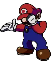 a cartoon of mario wearing overalls and a hat with the letter m on it