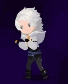 a cartoon character with white hair is standing in front of a dark background .