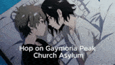 a couple of anime characters laying in bed with the words hop on gaymoria peak church asylum below them