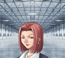 a woman with red hair is standing in a large building