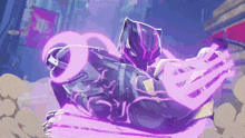 a black panther is holding a purple object in his hand