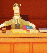 a cartoon character wearing sunglasses is sitting at a counter