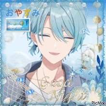 a picture of a boy with blue hair and the words good night on it