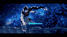 a pixel art of a person holding a blue sword in a dark room .