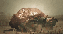 a cartoon character is laying on the ground with a large rock behind him