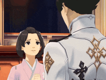 a screenshot of a video game shows a man and a woman talking to each other