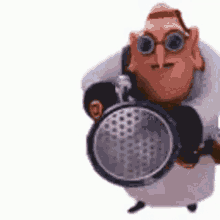 a cartoon character is holding a camera in his hand and wearing goggles .