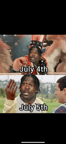 a man in an uncle sam hat is pointing at another man and says july 4th july 5th