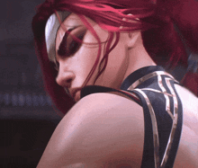 a close up of a woman 's face and neck with red hair