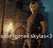 a man in a black shirt is holding a knife and the words solo leones skylas < 3 are above him
