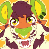 a cartoon drawing of a tiger with a green nose and yellow eyes