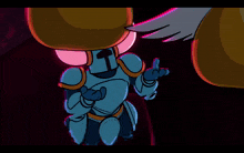 a video game screen shows a character with horns and a purple background