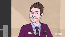 a man in a purple suit and tie says huh