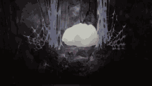 a cartoon character is sitting in a cave surrounded by webs