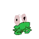 a pixel art drawing of a frog with two eyes and a green body .