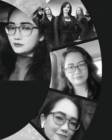 a black and white photo of a woman with glasses and a group of people in the background