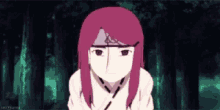 a cartoon of a girl with pink hair and a mask on her face