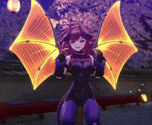 a cartoon character with purple hair and orange wings stands in front of a cherry blossom tree