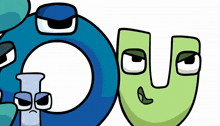 a cartoon drawing of a blue circle and a green u with angry faces