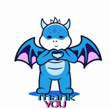 a cartoon of a dragon making a heart shape with the words thank you behind it