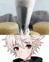 a picture of a cupcake being frosted next to a drawing of a girl with red eyes