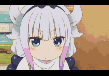 a close up of a cartoon character with horns