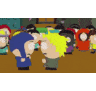 a group of south park characters standing around a table
