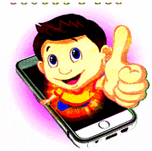 a cartoon boy is giving a thumbs up while sitting on a cell phone