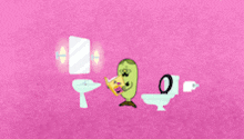 a cartoon drawing of a bathroom with a toilet and a mirror