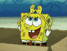 a cartoon of spongebob squarepants making a peace sign