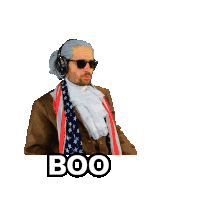 a man wearing a wig and sunglasses is pointing and the word boo is below him