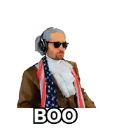a man wearing a wig and sunglasses is pointing and the word boo is below him