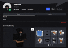 a screenshot of a person 's profile with the name peerless on the top