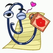 a cartoon clip is holding a stamp with a heart on it and a piece of paper .