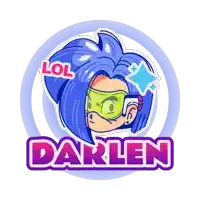 a logo for darlen with a blue haired girl wearing goggles