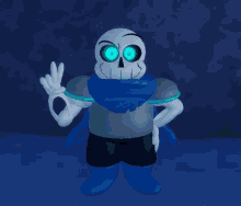 a cartoon skeleton with blue eyes and a blue scarf is giving the ok sign .