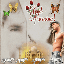 a picture of a man and horses with the words " good morning "