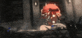 a woman with a red bow on her head is sitting in a bathtub