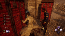 a screenshot of a video game shows a man standing next to a woman in a trench coat