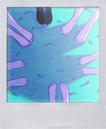 a drawing of a group of people 's feet on a blue background