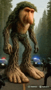 a giant monster with a big nose is standing on the side of a road in front of a police car