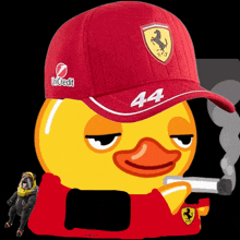 a duck wearing a red hat that says 44