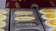 eggs are being cooked in a pan with the words made in animotica visible